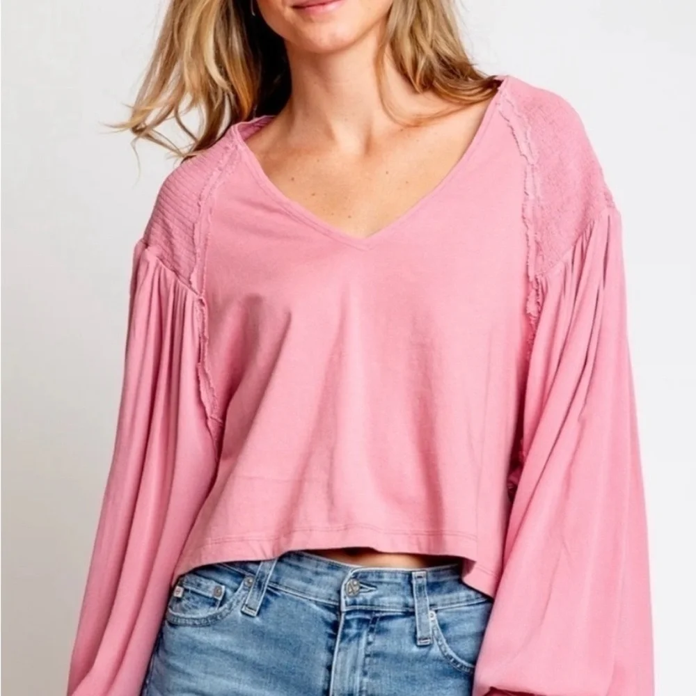 NWT Free People Kathy Boho Blouse in‎ Blush Rose, Long Sleeve Statement Top